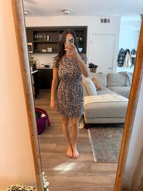 Sessun Floral Print Mini Dress Puff Sleeve Elastic Waist Navy Rust Cream Size S
